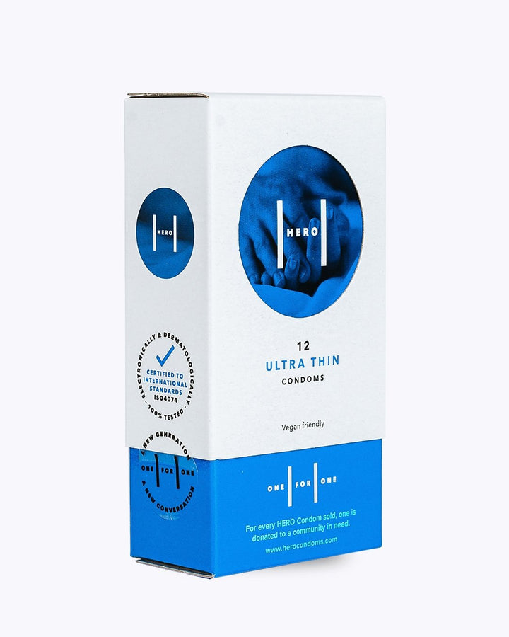Hero Ultra Thin Condoms in blue and white modern packaging